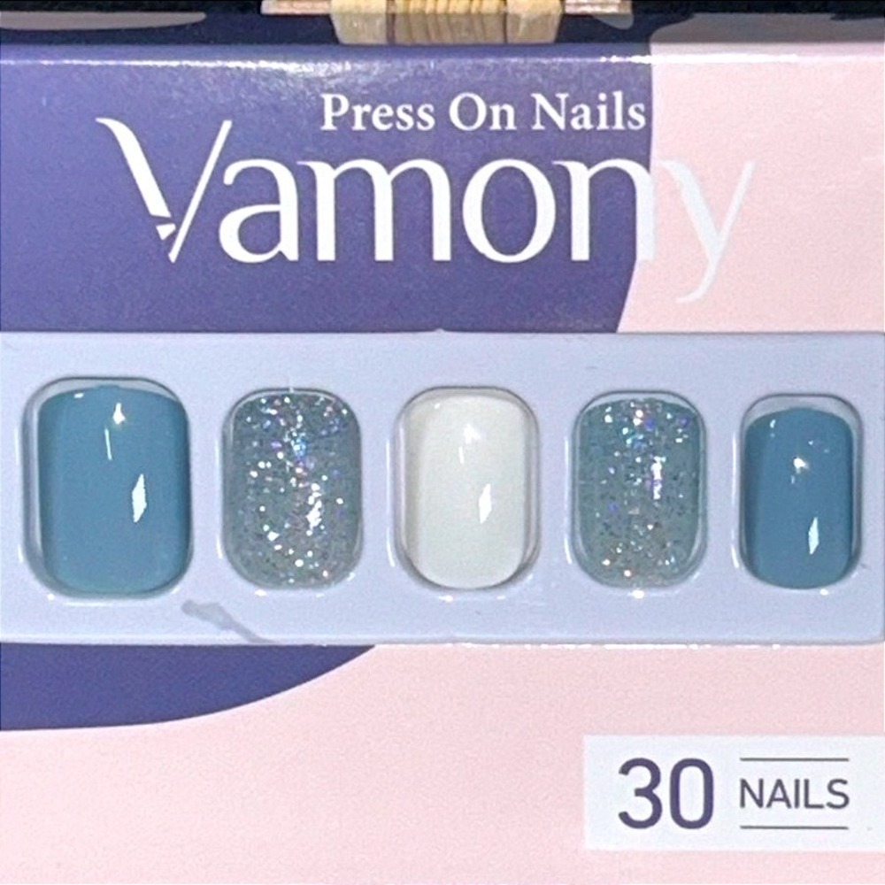 Dusty Blue Press On Nails Short Square‎ Minimalist Soft Glam Glitter Nails Set